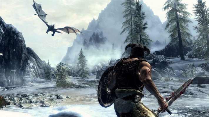 Schermata di gioco di Skyrim durante un incontro con un drago