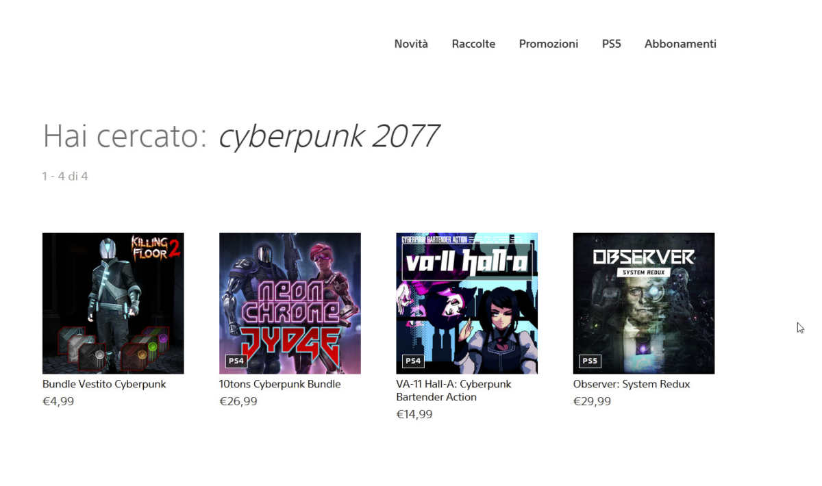 cyberpunk 2077 non presente nello store Playstation