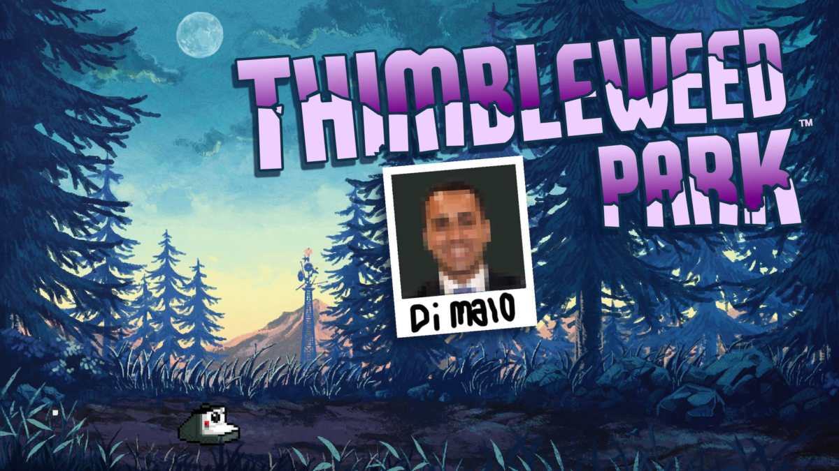 La cover del gioco Thimibleweed Park, con la foto in pixel art di Di Maio