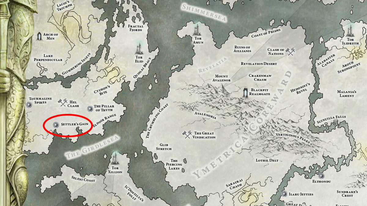 Mappa del Reame di Hysh che mostra Settler's Gain e i suoi dintorni