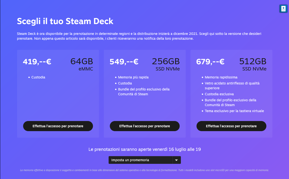 steam deck dotazioni