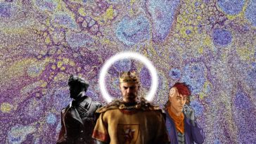 I tre personaggi delle copertine dei giochi Company of heroes, Crusader kings 3 e Rimworld uno a fianco all'altro su sfondo colorato