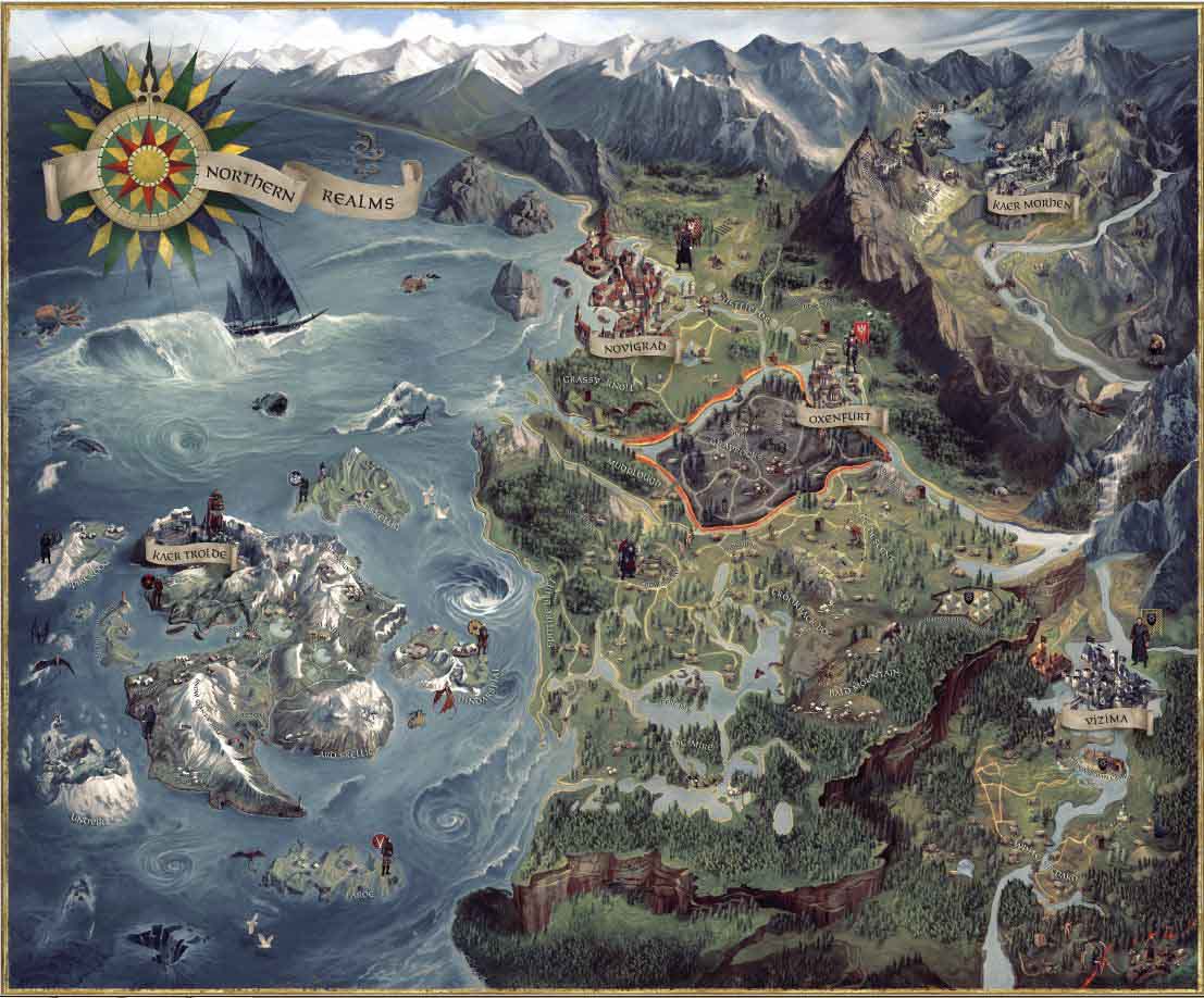 È rappresentata la mappa di gioco di The Witcher 3, cioè dei reami del nord, da Vizima a Novigrad.