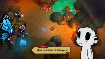 Una fata disegnata in modo molto satirico dice "Ehilà! Ho della BELLA ROBA per te!" al protagonista