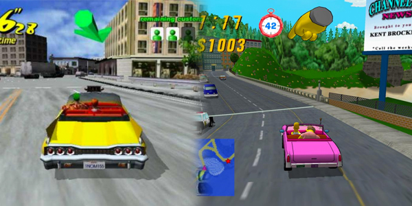 L'immagine mostra i due giochi a confronto. A sinistra c'è una schermata con una enorme freccia verde 3D ad indicare la strada nel gioco Crazy Taxi, a destra c'è un guanto con un dito che punta la strada nel gioco Simpson road rage