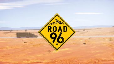 Il logo di Road 96 con sfondo un camion che attraversa un deserto arido