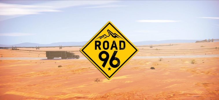 Il logo di Road 96 con sfondo un camion che attraversa un deserto arido