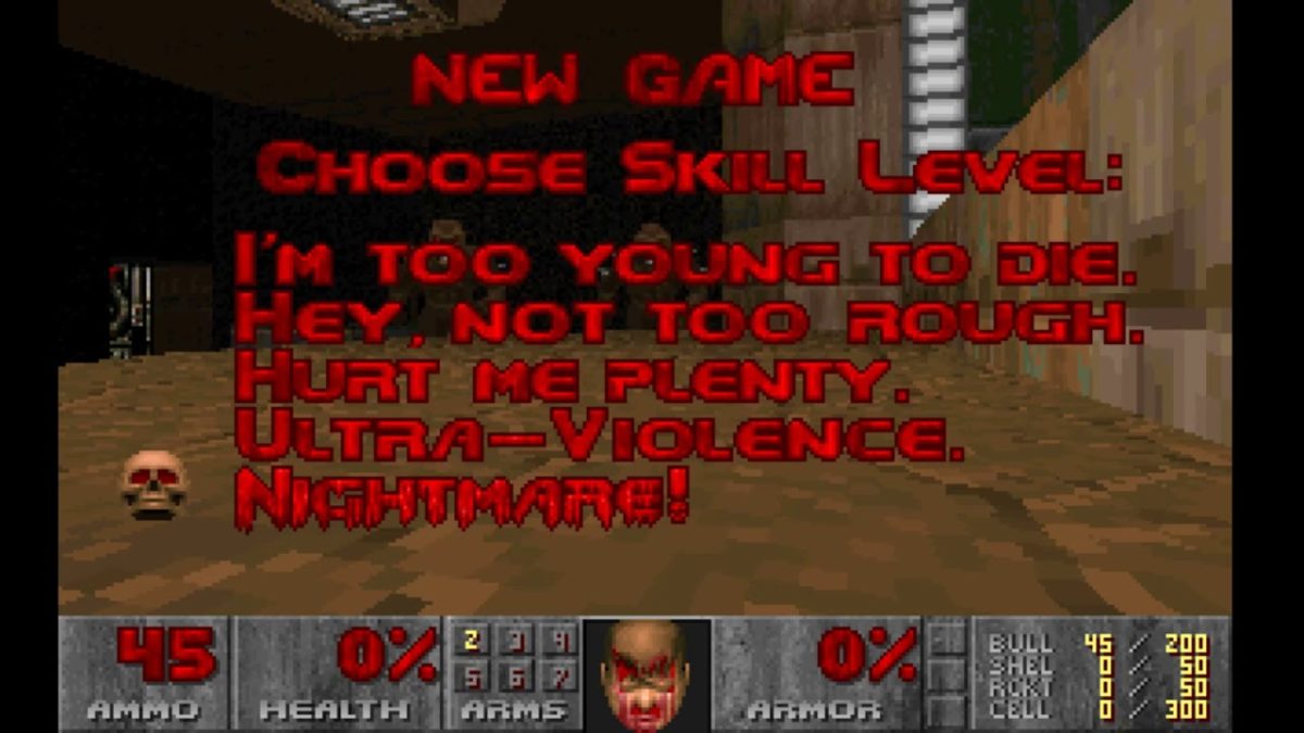 Schermata del primo Doom con le cinque difficoltà classiche.