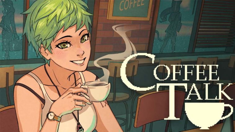 Una ragazza dai capelli verdi beve una tazza di espresso in un bar