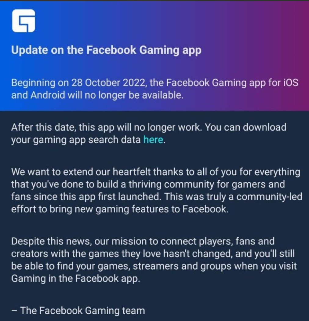 Messaggio di update di Facebook Gaming