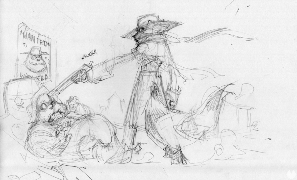 Schizzo di uno scenario western con protagonisti i personaggi di Sly Cooper.