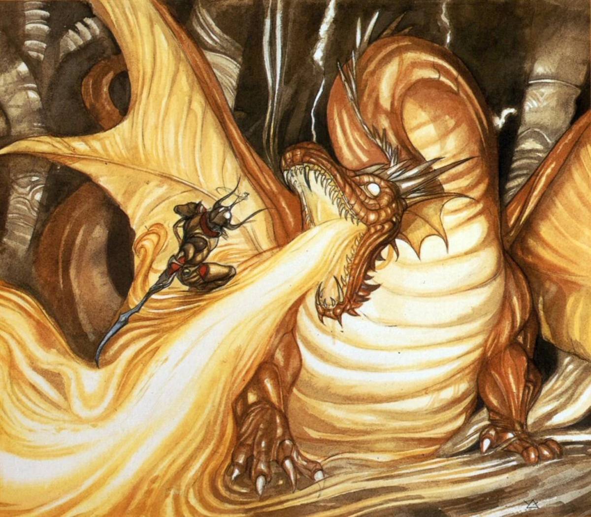 Artwork di Amano dove vediamo il Guerriero della Luce del primo Final Fantasy affrontare un drago.