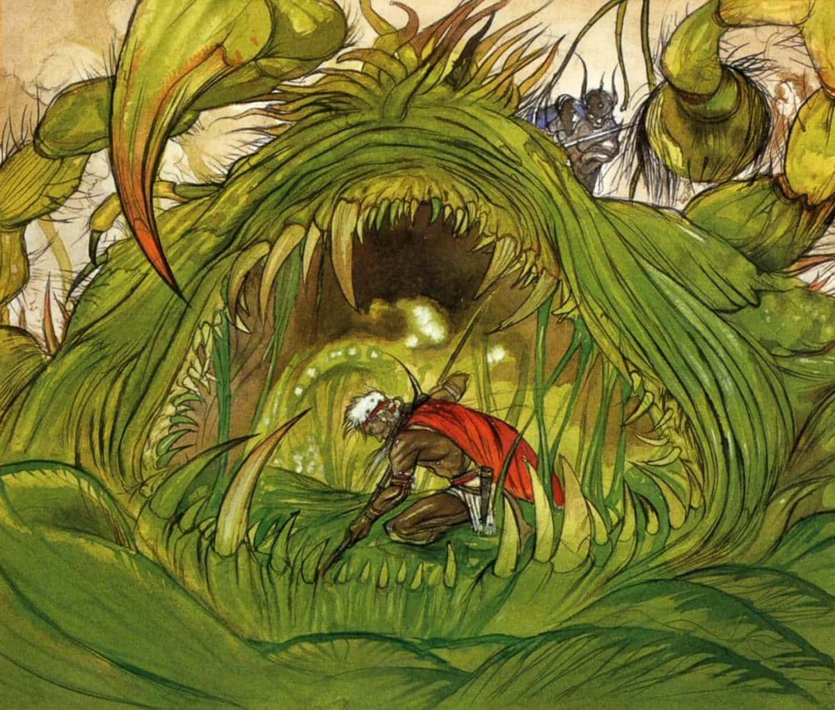 Illustrazione di Amano del primo FF, dove vediamo l'Ochu: mostruosa pianta carnivora presente in numerosi capitoli della saga. 