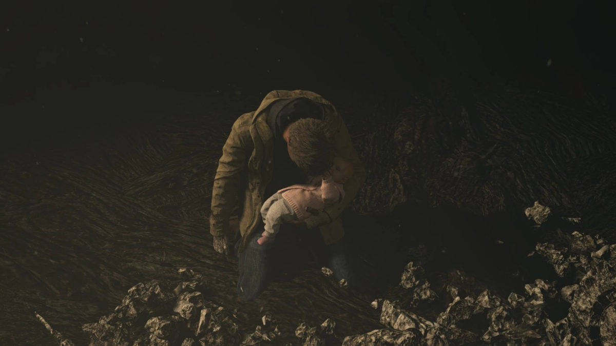 Resident Evil Village, Ethan Winters morente tiene in braccio la figlia Rose.
