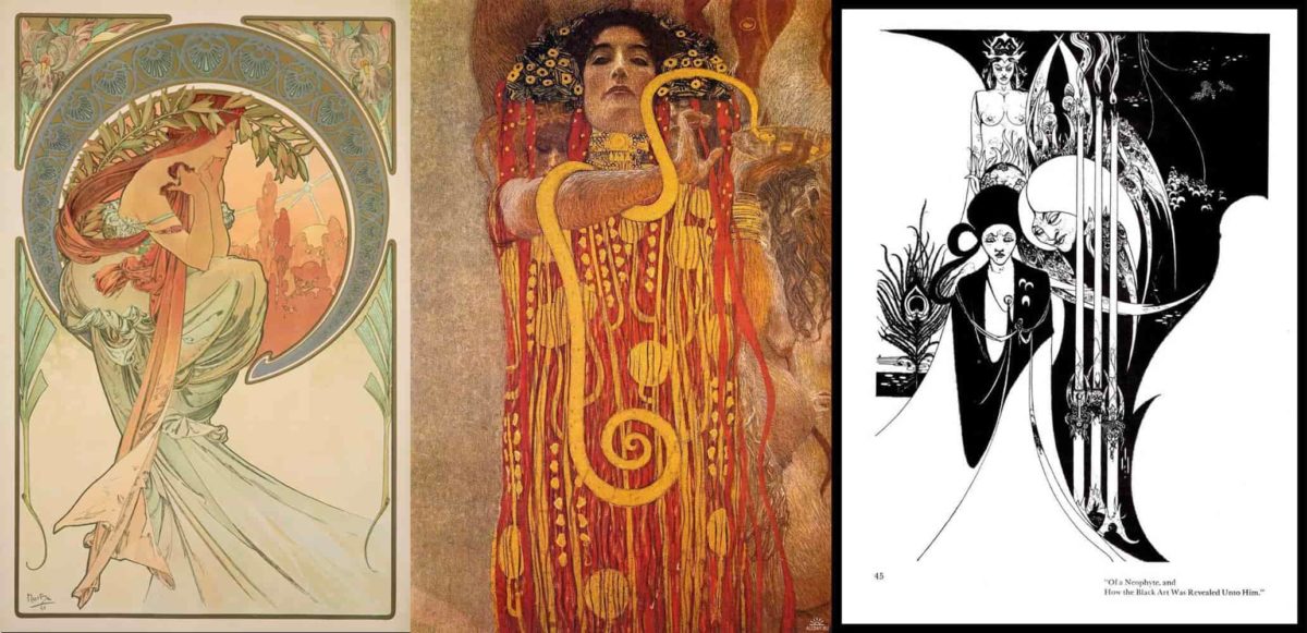 Alcune opere degli artisti più influenti nella formazione artistica di Amano. Da sinistra verso destro troviamo Mucha, Klimt e Beardsley.