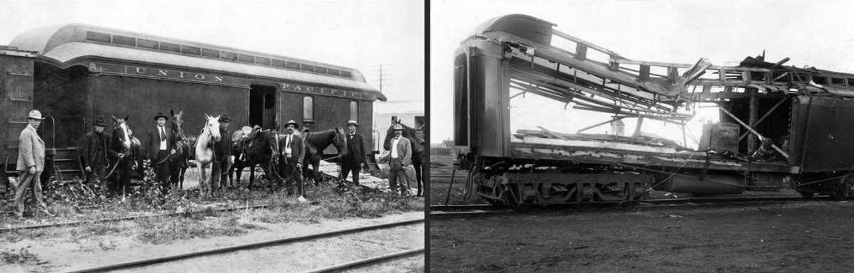  A sinistra il treno dell'Union Pacific scortato da una squadra di ranger, organizzata dopo gli attacchi di Butch Cassidy e la sua gang. A destra il treno aperto utilizzando della dinamite durante una rapina del Mucchio Selvaggio.