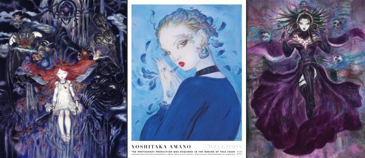 Partendo da sinistra: artwork di Child of Light, copertina di Vogue Italia e illustrazione realizzata per Magic, tutte opere di Amano.