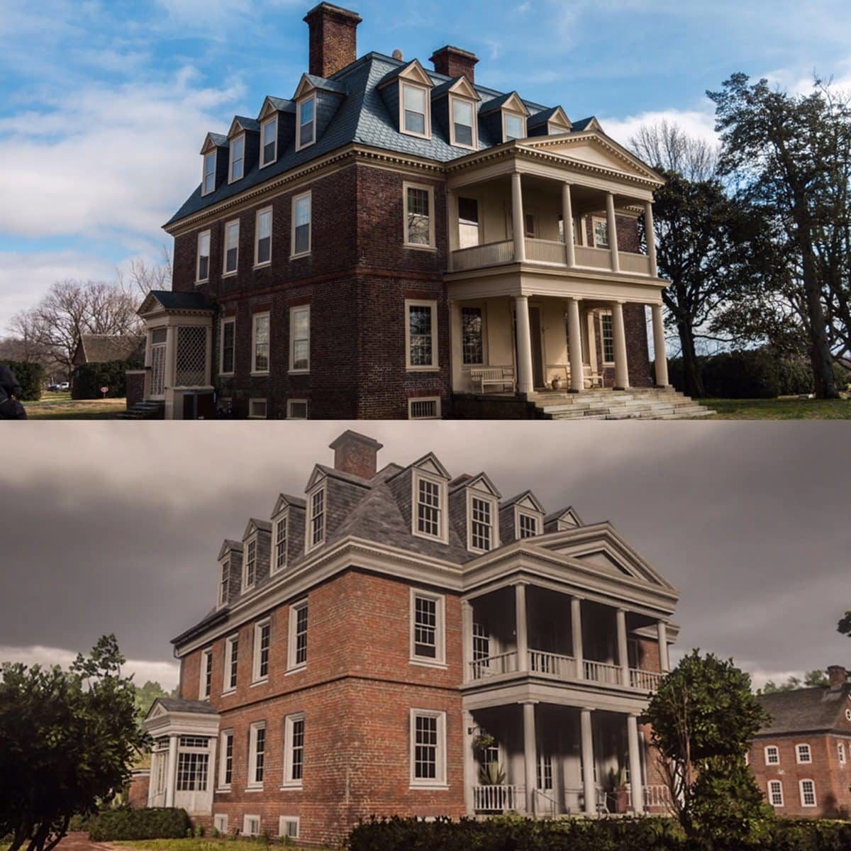 Confronto tra l'edificio principale della Shirley Plantation in Virginia e Caliga Hall, l'abitazione dei Gray.