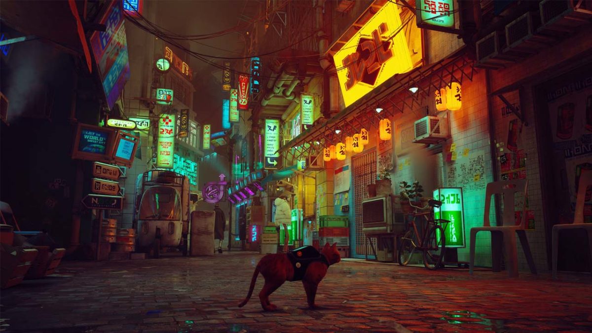 Un gatto rosso con una tutina addosso contempla una strada cyberpunk della città di Stray