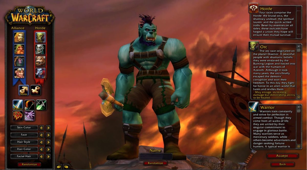 L'iconica schermata di World of Warcraft per la creazione del personaggio.