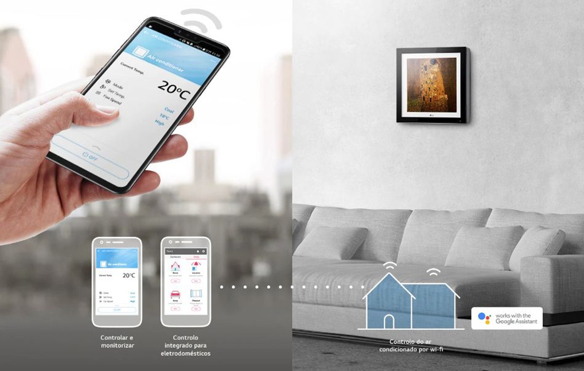 Un consumatore utilizza l'app per controllare la temperatura dell'aria di LG ARTCOOL Gallery, oppure cambiare l'immagine o l'animazione dello schermo.