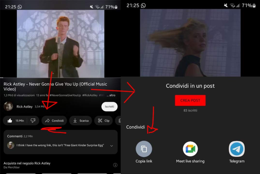come condividere link youtube da app youtube
