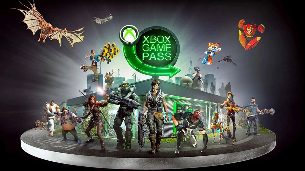 Immagine promozionale di Xbox Game Pass con i protagonisti di Street Fighter, Tomb Raider, Halo e tanti altri.