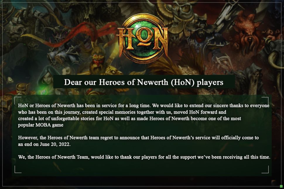 Annuncio di chiusura di Heroes of Newerth