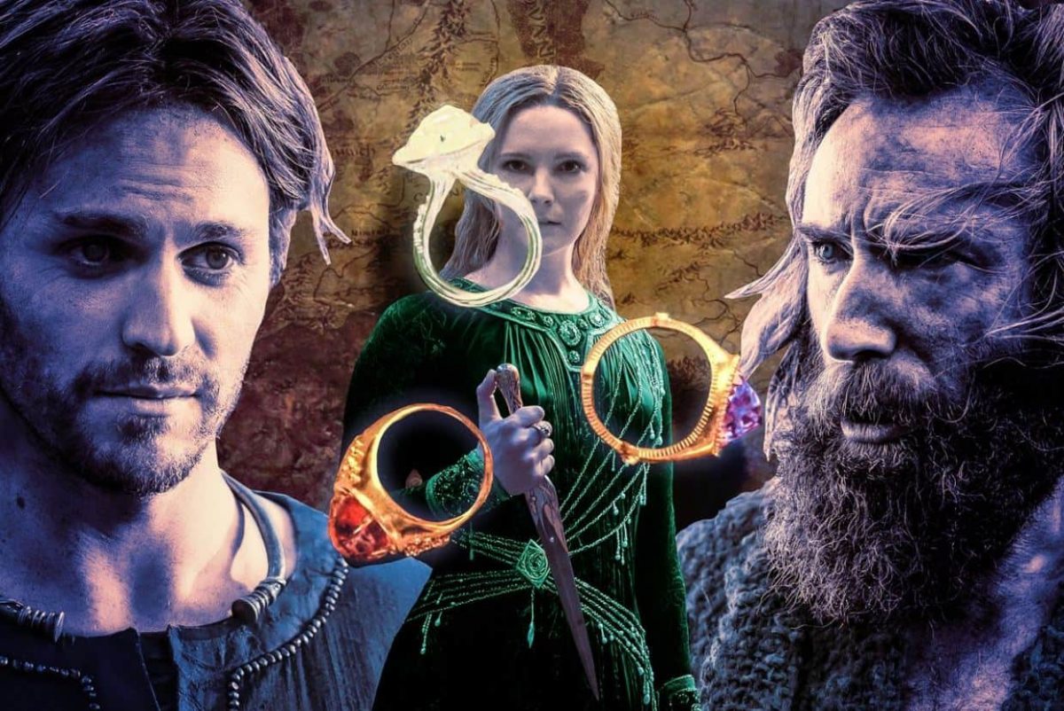 Collage dei protagonisti de Gli Anelli del Poter e i tre anelli forgiati per gli elfi.