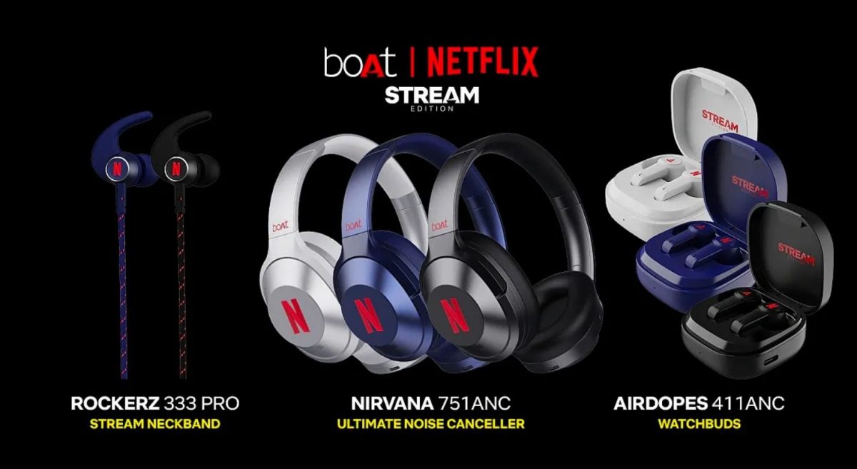 I tre prodotti nati dalla collaborazione tra boAT eNetflix: troviamo le auricolare, le cuffie e le airpods, tutti dispositivi marchiati dalla N rossa del colosso streaming.