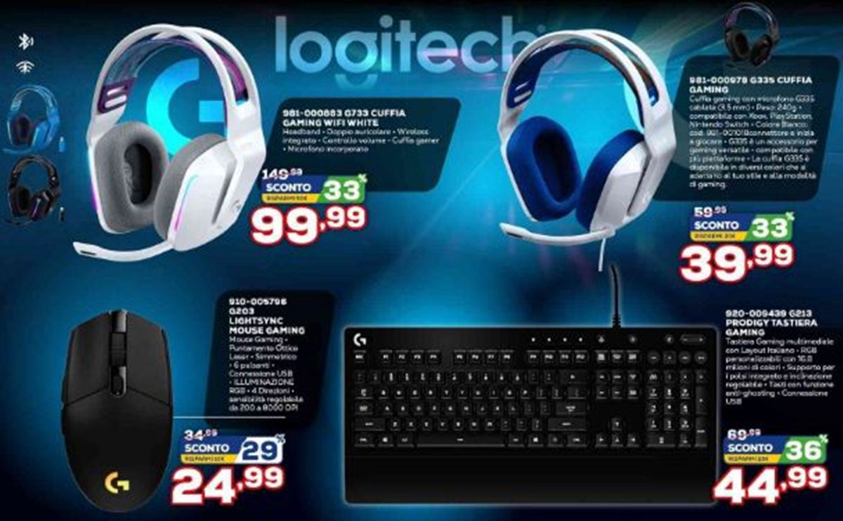 Gli articoli scontati di Logitech, tra i quali le cuffie e la tastiera citate nell'articolo.