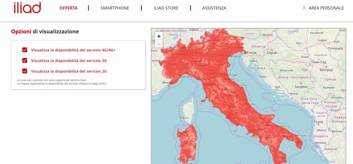 Mappa copertura rete Iliad Italia