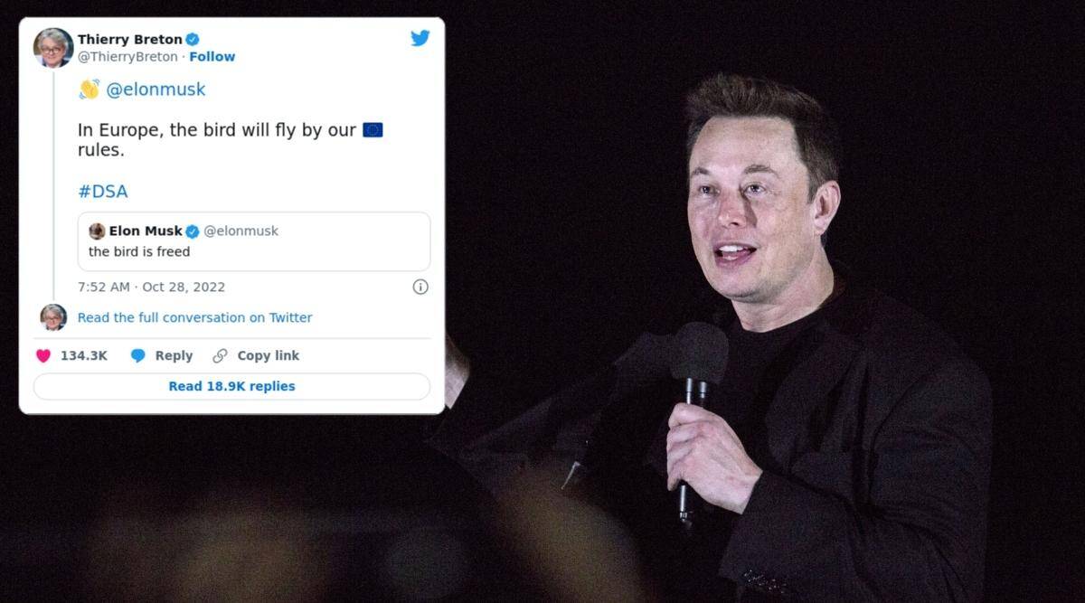 Collage di una foto di Musk durante una conferenza e il tweetdi Thierry Breton che dice 