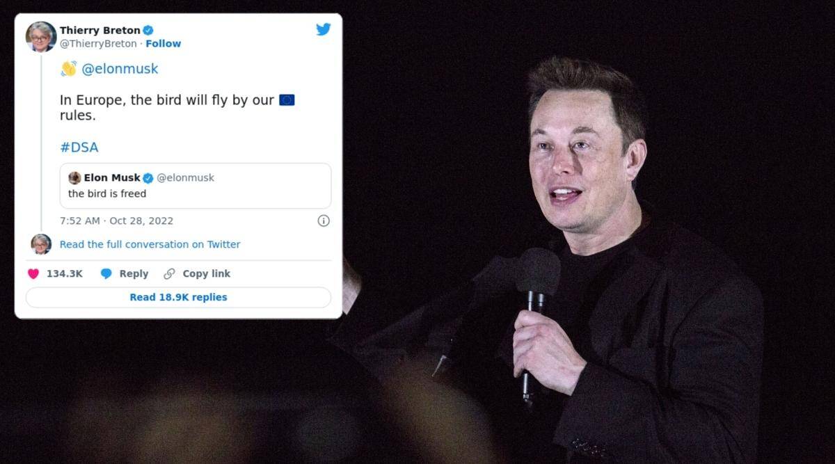 Collage di una foto di Musk durante una conferenza e il tweetdi Thierry Breton che dice "In Europa, l'uccellino volerà  secondo le nostre regole".