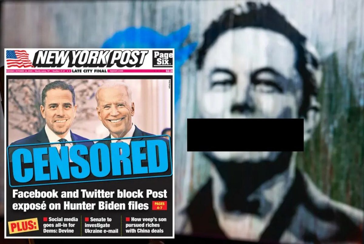 Collage di foto con Musk e la copertina del New York Post censurata.
