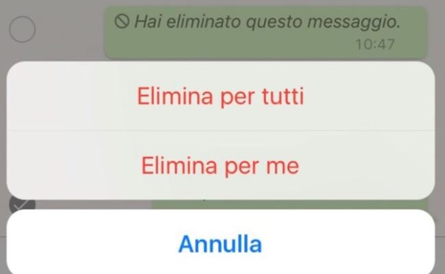 Screenshot messaggio di testo per eliminare messaggi