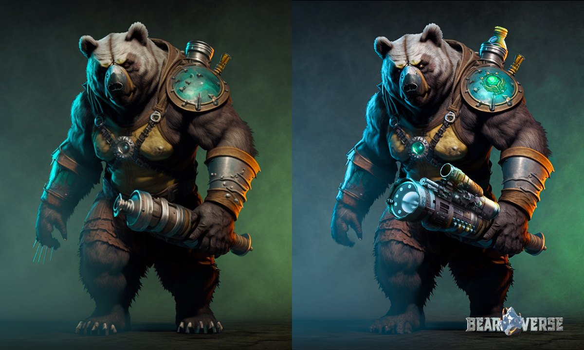 A destra l'orso generato da Midjourney, a sinistra l'orso rimodellato da un concept artist