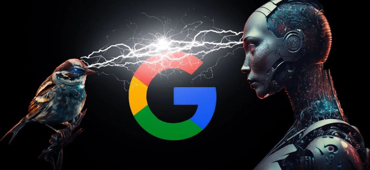 Il logo di Google al centro di un raggio di fulmini generato da un uccellino e un robot umanoide.