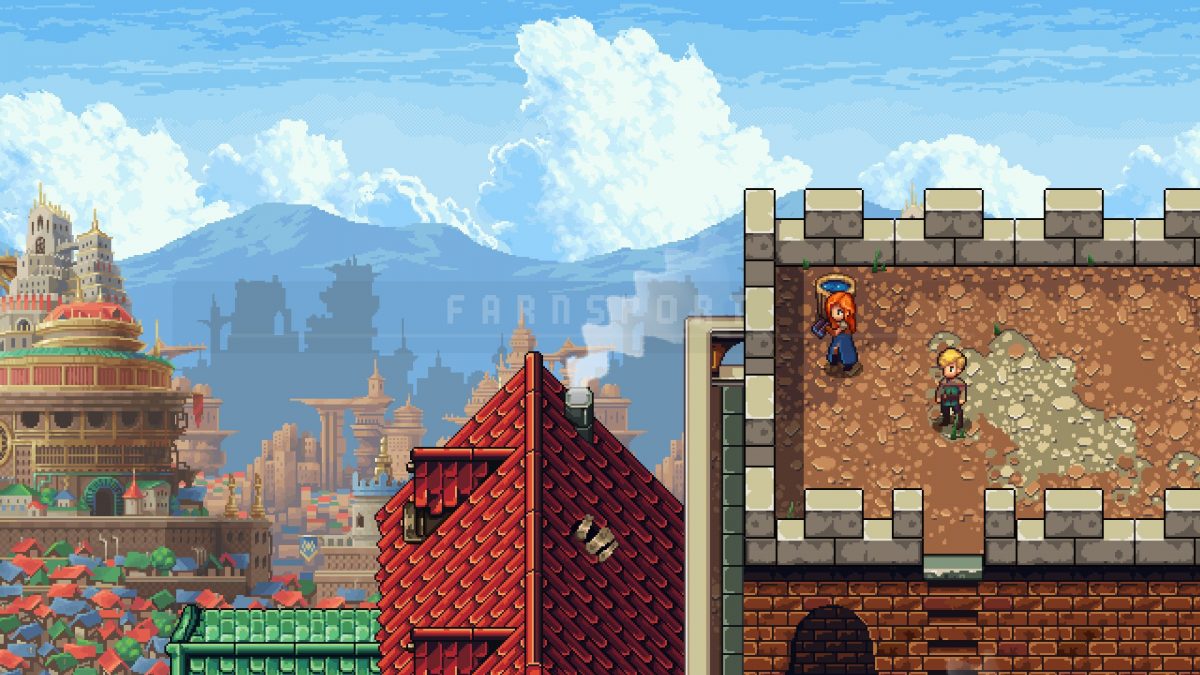 Due dei protagonisti del gioco, la principessa Lenne e  il suo attendente Robb, osservano la città di Farnsport dall'alto. Sullo sfondo la città che si espande a vista d'occhio