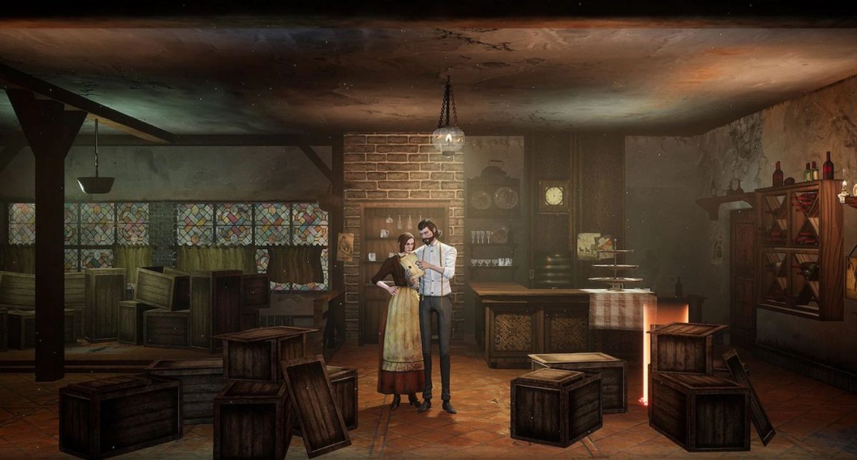I protagonisti di Ravenous Devils circondati dagli scatoloni: sono appena arrivati alla locanda che farà da setting al gioco.
