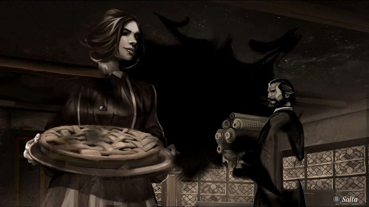 Hildred e Percival si scambiano gli sguardi in una delle cinematic disegnate da Mirco Pierfederici
