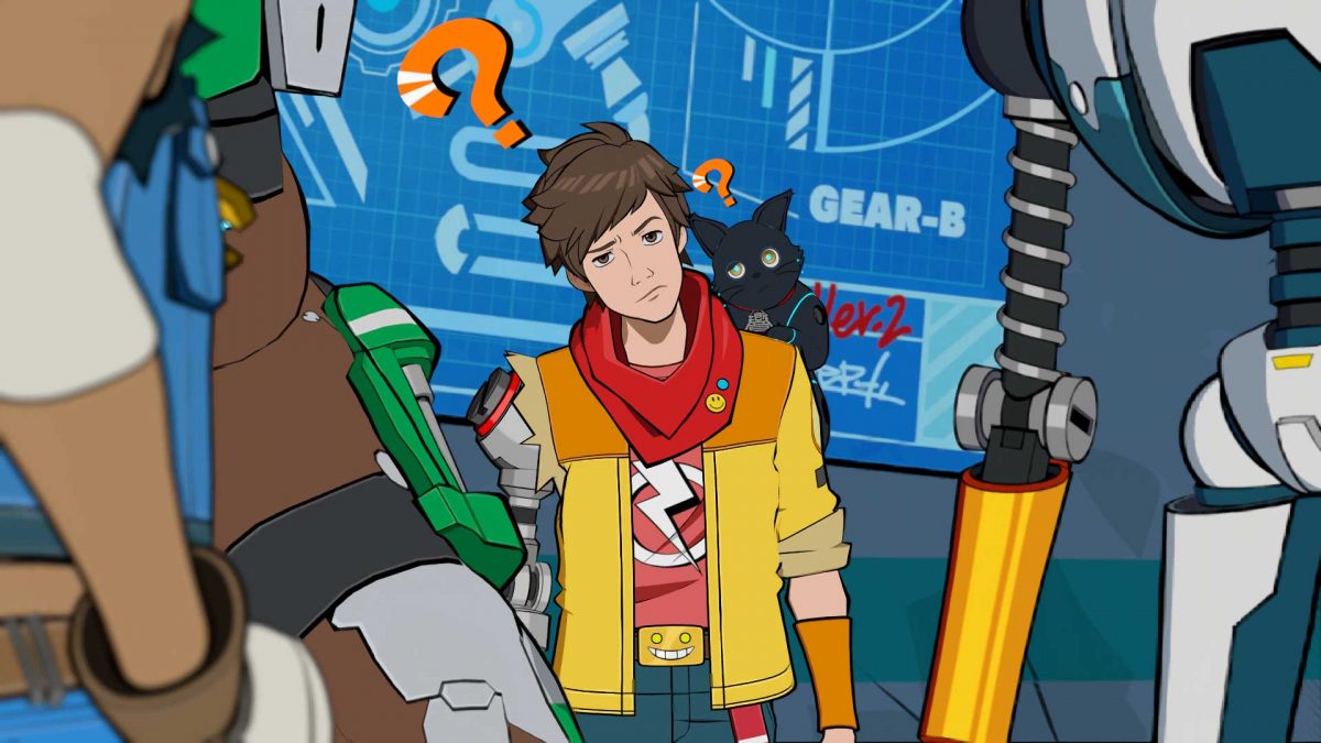 Chai piega il capo confuso insieme al suo gatto robot 808. Due punti interrogativi arancioni emergono dalle loro teste come in un fumetto.