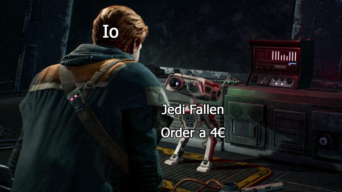 Kal Kestis guarda il droide BD-1. Su Kal Kestis vi è la scritta "Io" e su BD-1 "Jedi Fallen order a 4€"