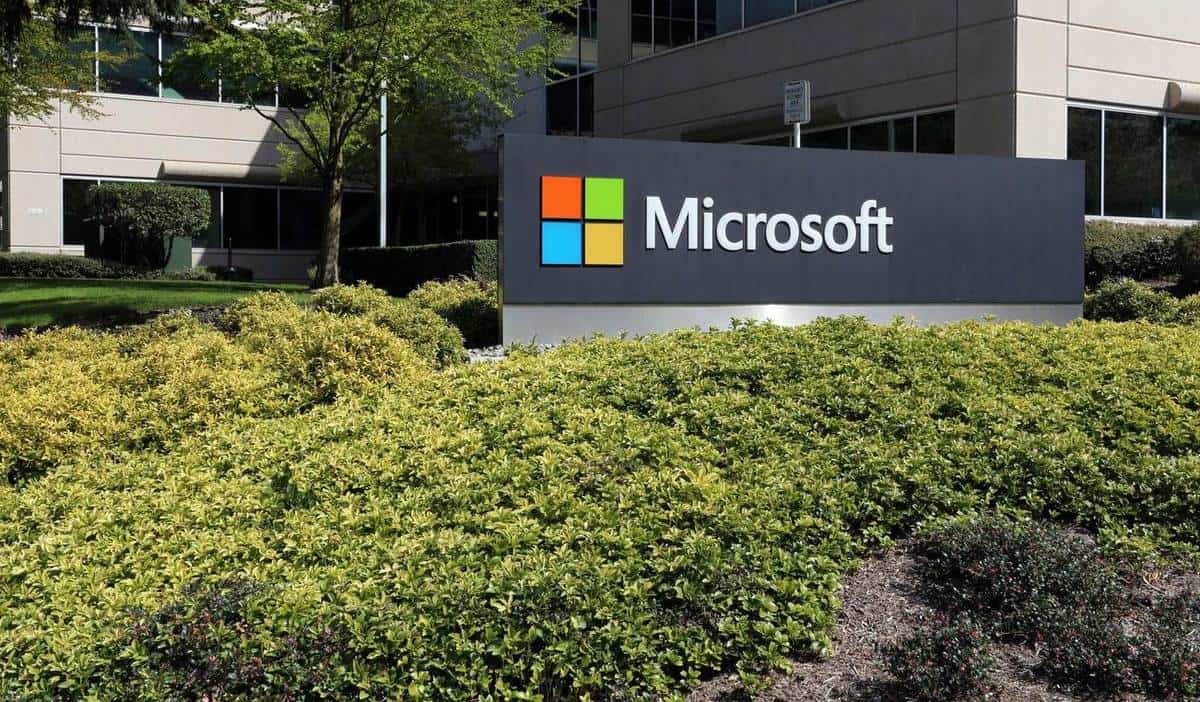 L'insegna degli uffici Microsoft circondata dal verde delle piante.