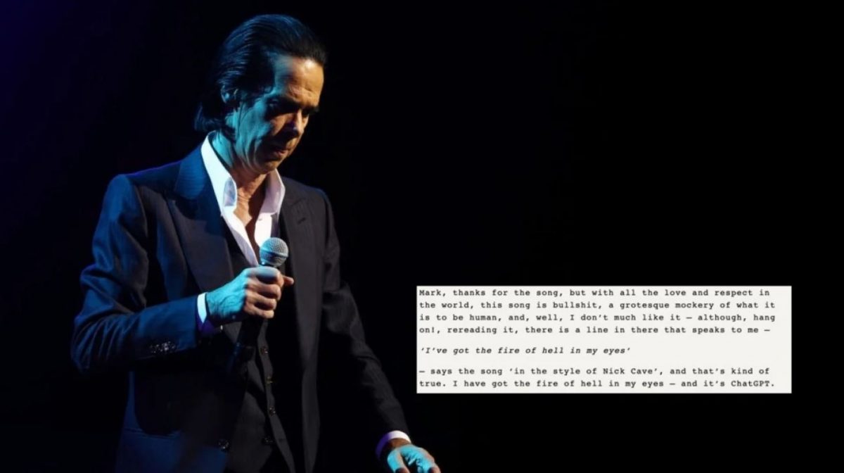 Collage di una foto di Nick Cave e il suo commento riguardo le canzoni prodotte utilizzando ChatGPT