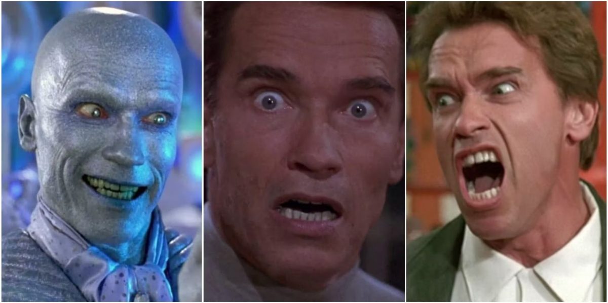 Collage di alcuni dei ruoli ed espressioni più iconiche di Schwarzenegger