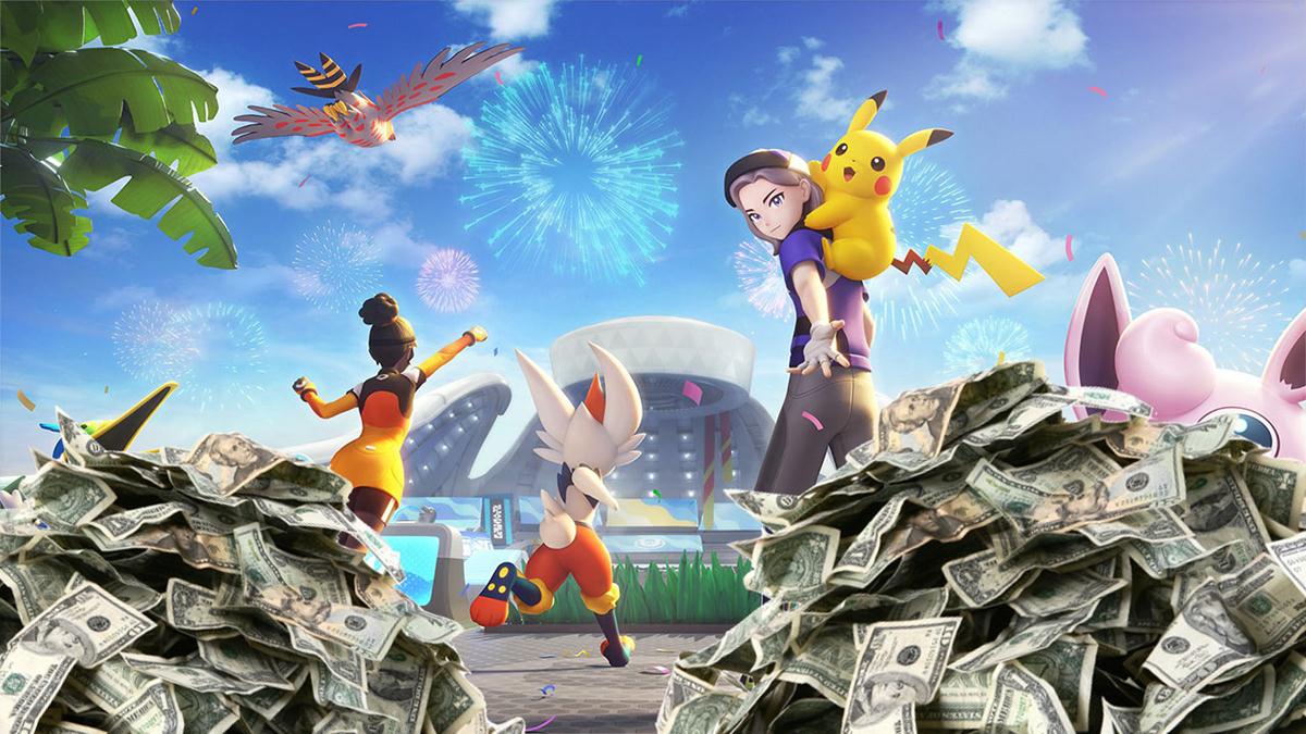 Pikachu e alcuni allenatori si allonano lasciandosi alle spalle una montagna di soldi.