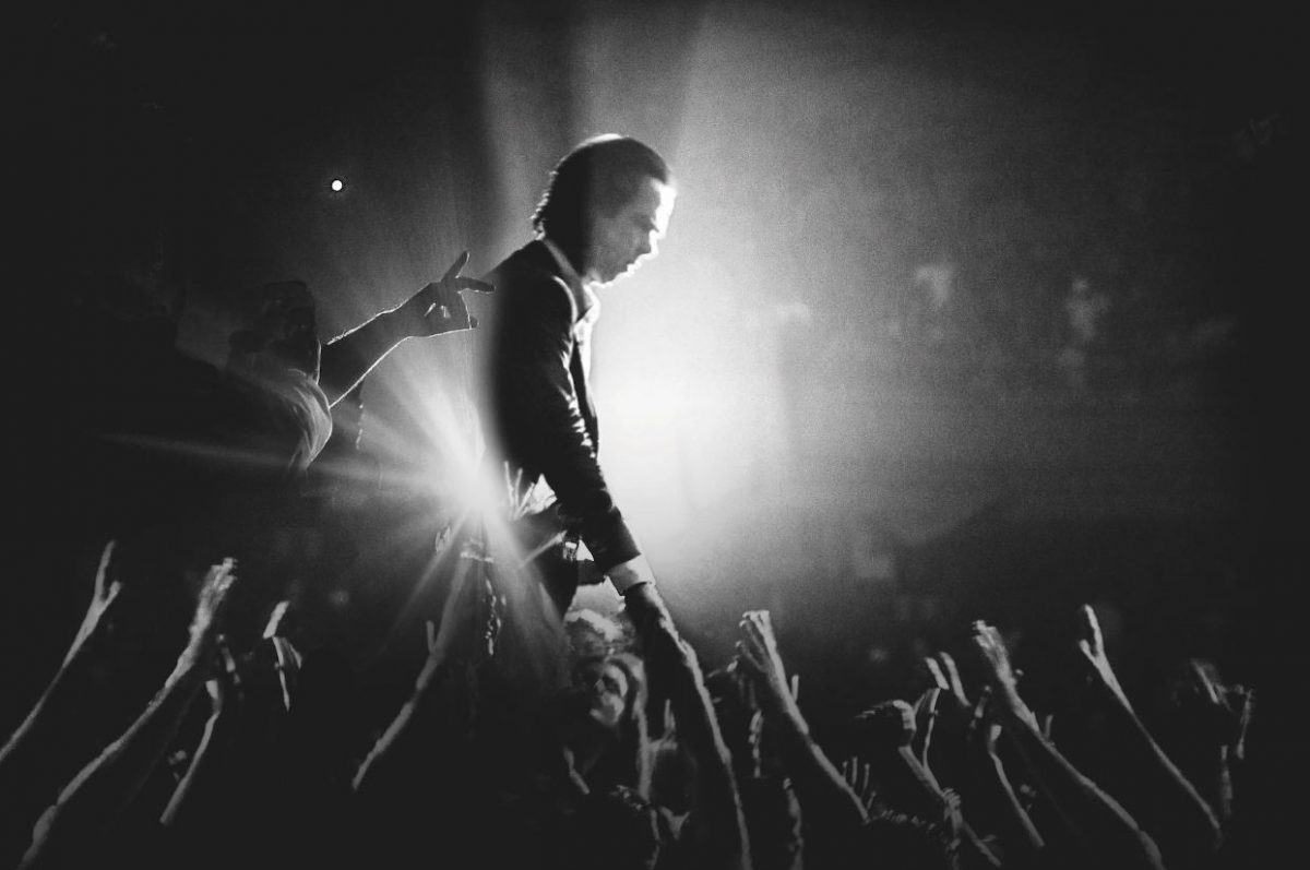 Fofo in bianco e nero con Nick Cave circondato dalle mani dei fan durante uno dei suoi ultimi concerti