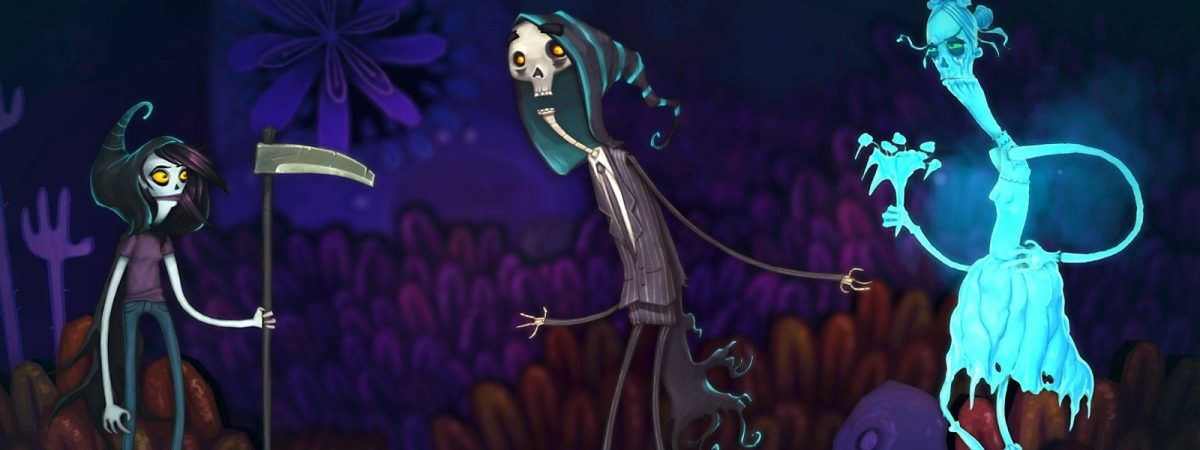La protagonista di Flipping Death parla con il Mietitore nel regno dei morti.