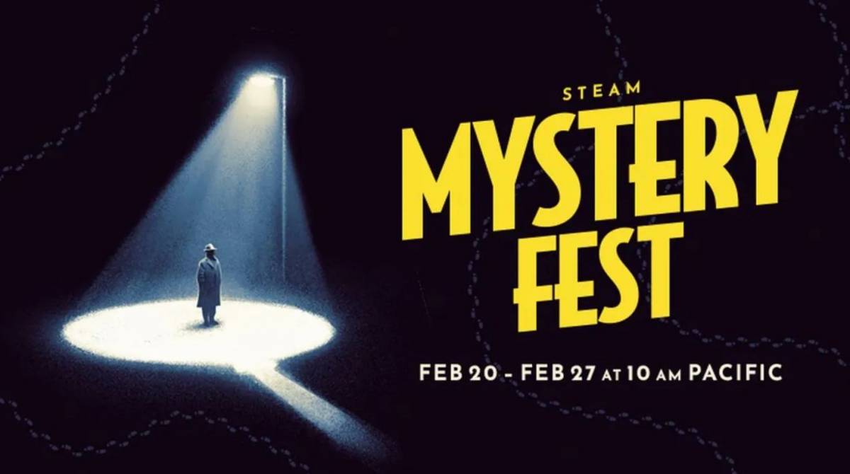 Immagine promozionale di Steam Mistery Fest dove vediamo un investigatore stile anni 50 sotto un lampione, circondato dal buio.